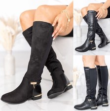 LADIES BUCKLE KNEE HIGH STRETCH WOMENS FASHION CALF LEG ZIP FLAT HEEL BOOTS SIZE