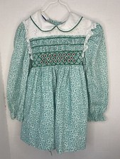 Girl  s Pretty Hand Smocked Green Vintage Dress, Polly Flinders, Size T4 EUC