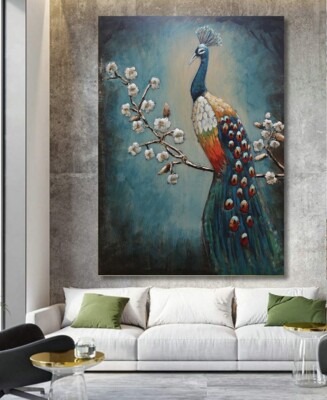 Oil painting Beautiful multicolored peacock  Ready to Hang Canvas Print 3D Art