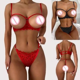 Women's Sexy Babydoll Lingerie Open Cup Bra Set G-String Thong Panties Nightwear