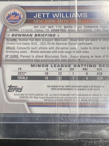 2023 Bowman Chrome Jett Williams Mojo Refractor Prospect Auto #BMA-JW - Picture 4 of 4