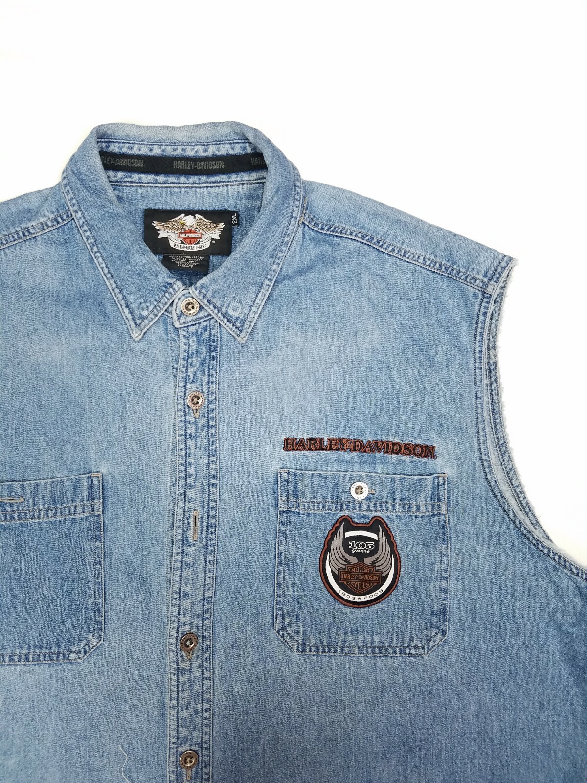 Harley Davidson Denim Embroidered Vest Mens 2XL Sleev… Gem
