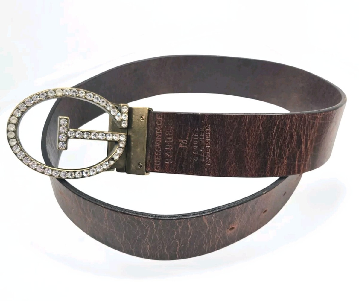 Guess Vintage Brown Leather Belt Womens M Bling Buckle  display picture 1