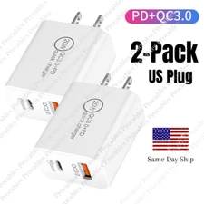2Pack QC USB C Fast Wall Charger Cube 20W PD Block Cable For iPhone Samsung Lot