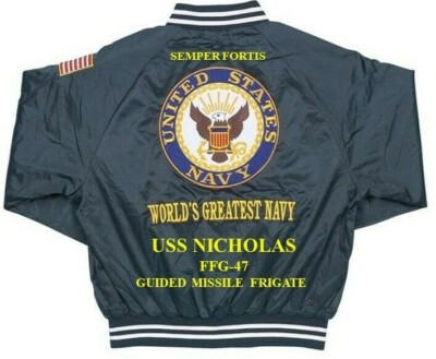 USS NICHOLAS FFG-47 MISSILE FRIGATE  EMBROIDERED SATIN JACKET(BACK ONLY)