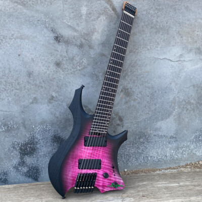 7 String Headless Electric Guitar Purple Flame Maple Active Pickups Fanned Frets