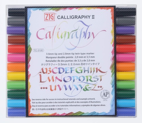 ZIG Calligraphy Marker Pens, 12 Colors set, 2mm & 3.5mm Dual Tip Markers, for...