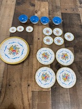 Vintage -Ohio Art Tin Childs Metal Toy Dishes Tea Set Blue Floral -17 piece
