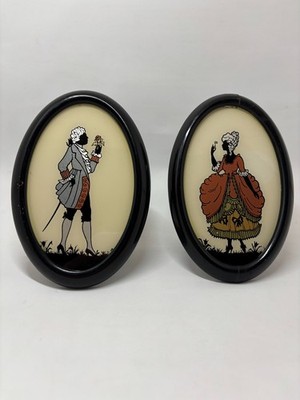 2 C & A Richards Rococo Silhouettes  - Reverse Painted Oval Frames Boston 1930s
