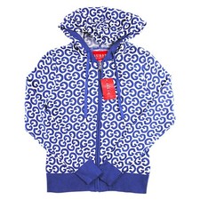Guess Avery Zip Front Sweater Hoodie Womens S Blue Logo Knit Pattern 80 NEW