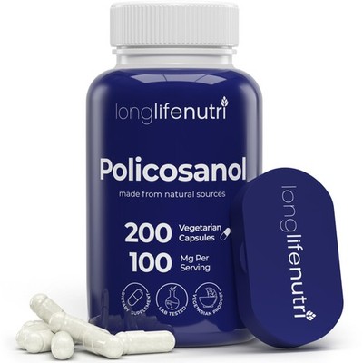 LongLifeNutri Policosanol 100mg - 200 Vegetarian Capsules, Natural Sugar...