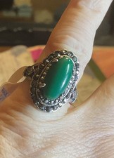 GREEN CHALCEDONY NATURAL GEMSTONE RING Size 6 1/4 with CZ  Stainless Steel Band