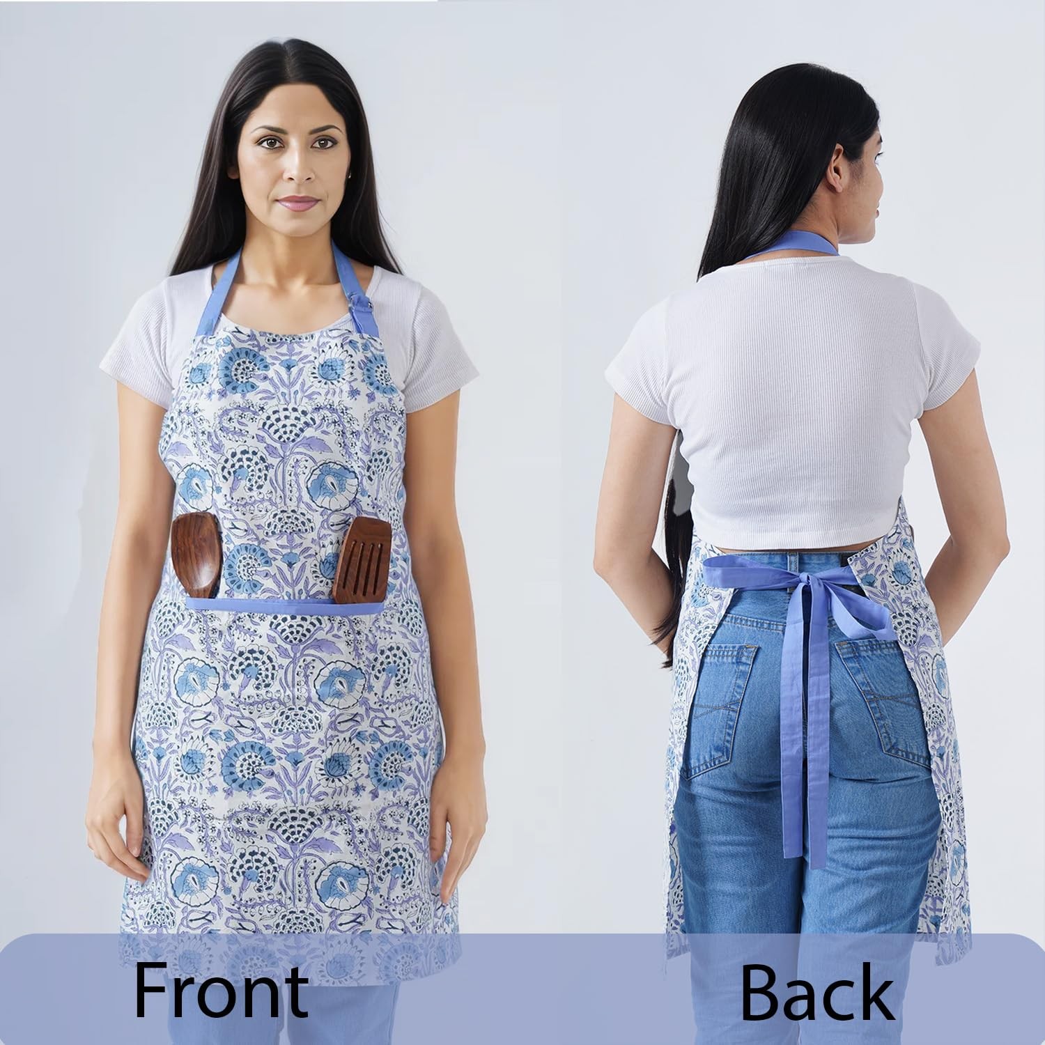 Cotton Floral Kitchen Apron for Women with Pocket Adjustable Neck Ties
