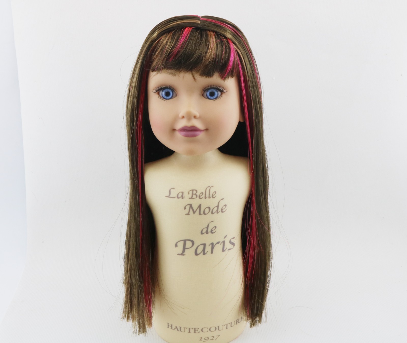 American Girl Long brown hair hot pink highlights wig with bags for 18'' doll