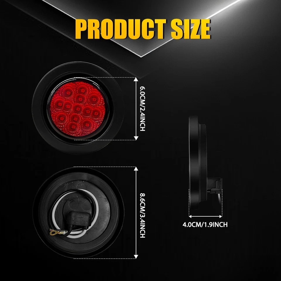2.5" Round Red LED Truck Trailer Tail Stop Turn Brake Side Light*8+Grommet Kit Foto 2 de 4