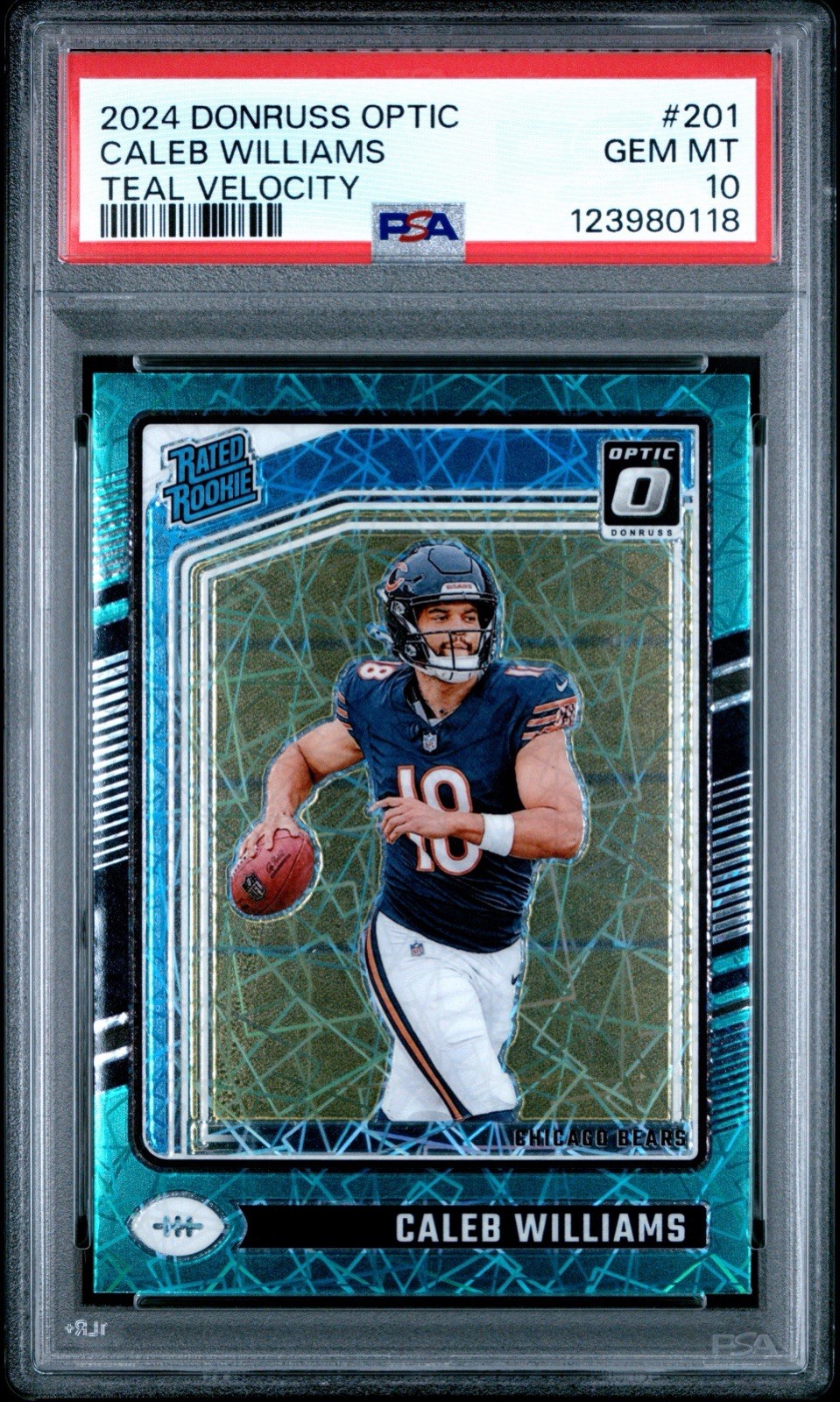 2024 Optic Caleb Williams Rated Rookie Teal Velocity Prizm #201 PSA 10