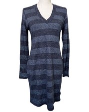 Michael Kors Navy Gray Striped Knit V-Neck Sweater Dress Womens M Office Travel