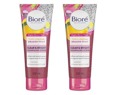 2 x BIORE CLEAR & BRIGHT RESURFACING SCRUB 100ML DRAGON FRUIT + YUZU LEMON