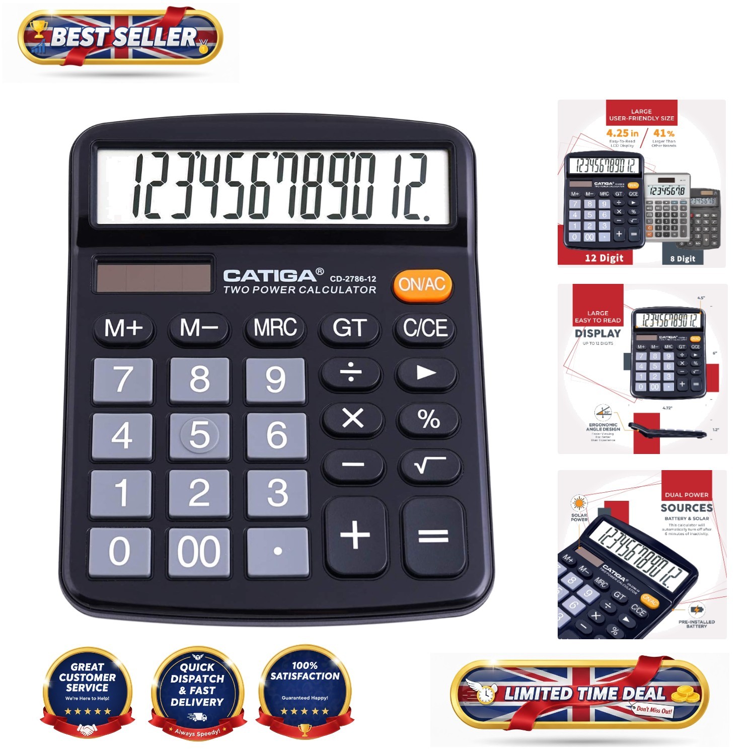 12-Digit Solar and Battery Powered Desktop Calculator with Large LCD Display