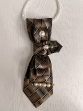 Handmade Women  s Pretied Zipper Tie Brown Plaid Beaded Bow Elastic Neckband