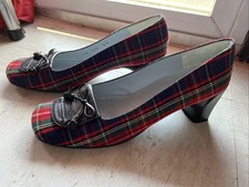 CHARLES JOURDAN CJBIS Bright Plaid Vintage Pumps, Stack Heel, Bow, Spain, 7.5