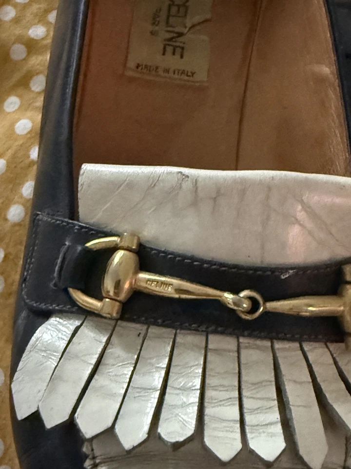 Mocassins vintage Céline cuir bleu marine & blanc - Photo 3/4