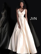 JVN Jovani Dress 2 Elegant Gold JVN67880 V Neck Sleeveless A Line Prom Gown