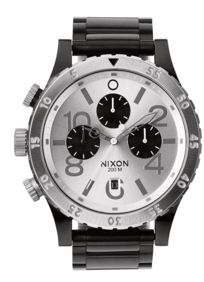 時計 Nixon the 48-20 Chrono Black/Silver Nixon Silver Dial with Black Subdials and Black Bracelet