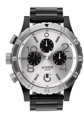 時計 Nixon the 48-20 Chrono Black/Silver Nixon Silver Dial with Black Subdials and Black Bracelet