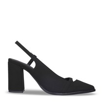 Zapatos de cancha veganos con cordones imitación gamuza tacón bloque punta puntiaguda damas inteligentes negros