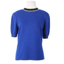 St John Collection Top Sz M Blue Black White High Neck Santana Knit Top