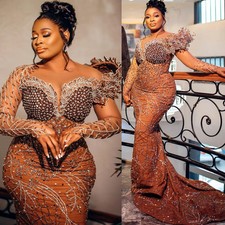 2024 Aso Ebi Brown Mermaid Ball Dress Beaded Crystal Flower Satin Evening Gown