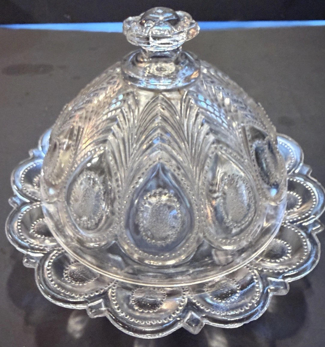 US Glass Covered Butter Dish Round Cheese Dish Loop & Drops Pattern