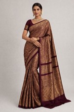 Wine Banarasi Semi Silk Saree, Gold Zari Woven Bridal Saree