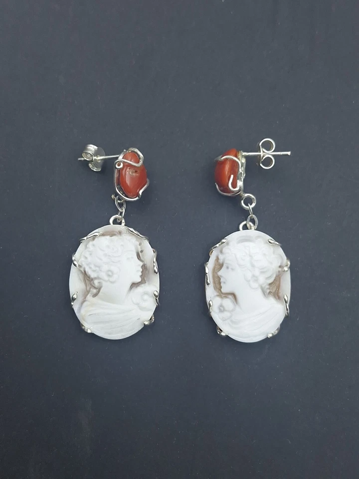 Orecchini da donna di Argento 925 e corallo Rosso in Cammeo con pendenti a cameo - Immagine 4 di 4