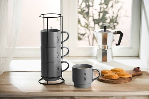 Stackable Coffee Mug Set with Rack - 15 Ounce Porcelain Coffee Mugs for Coffe... - Picture 9 of 9