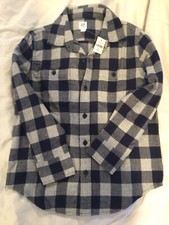 NWT Gap kids Boys Blue and Gray Check Plaid Button Up Flannel Shirt collar M