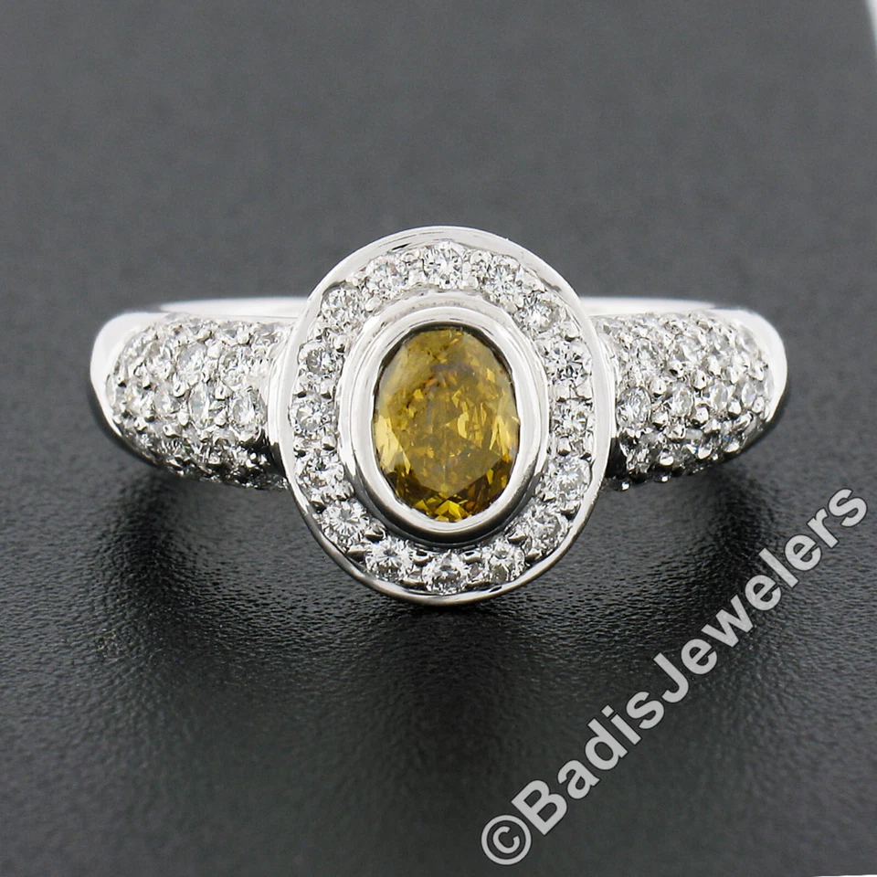 Anillo de compromiso solitario halo diamante amarillo marrón blanco oro 18k 1,05 quilates elegante Foto 2 de 4