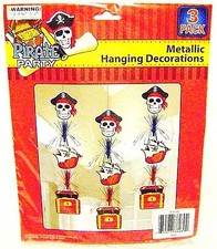 PIRATE PARTY METALLIC HANGING DECORATION 3 Pack Pirates Skull Ship Chest New I
