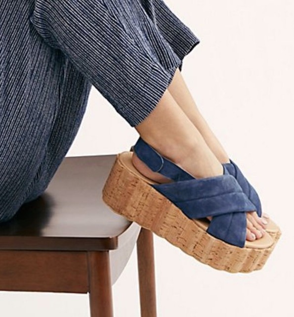 Free People Platform Sandal Flatform Blue Suede Scallop Cork Wedge 37/ 6.5/7 | eBay