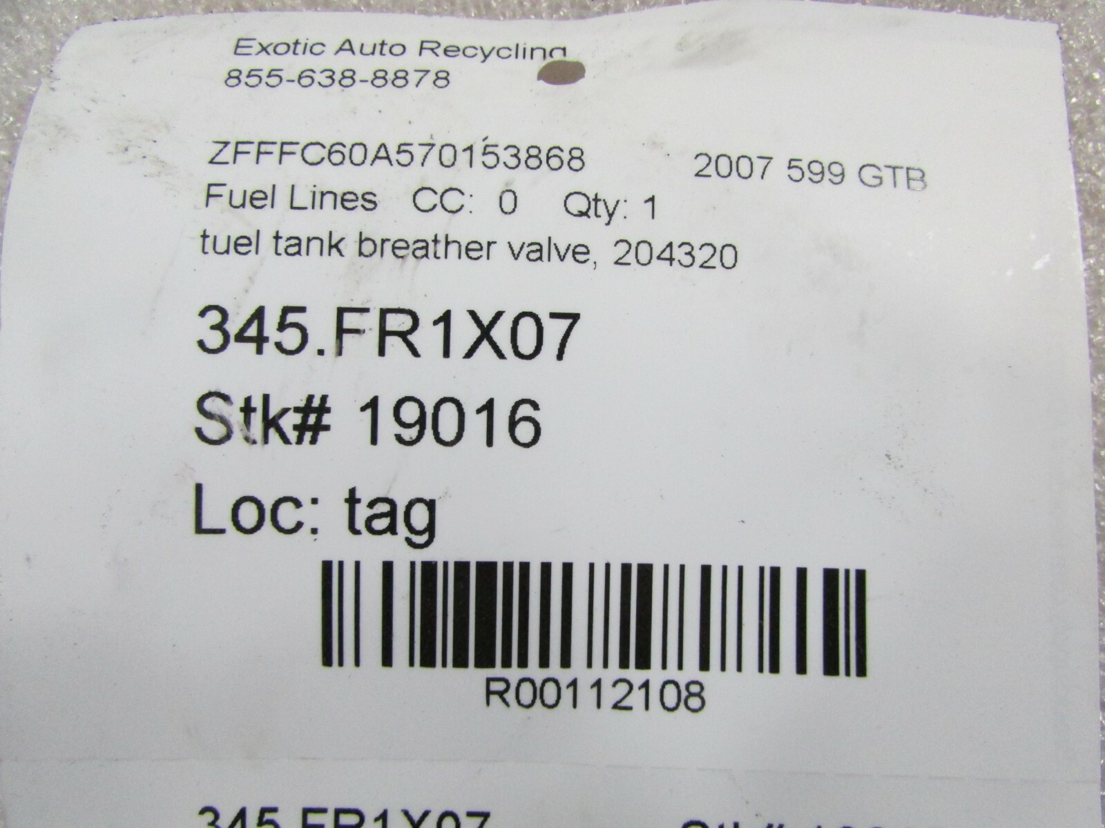 Ferrari 599 GTB, Fuel Tank Breather Valve, Used, P/N 204320