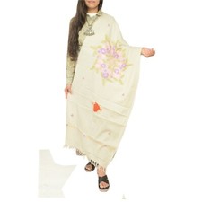 Sanskriti Vintage Ivory Long Pure Woollen Shawl Handmade Ari Stole/ Scarf