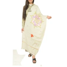 Sanskriti Vintage Ivory Long Pure Woollen Shawl Handmade Ari Stole/ Scarf
