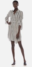 Halston Belted Shirt Dress Black Cream Striped Smocked Bell Sleeve Size M