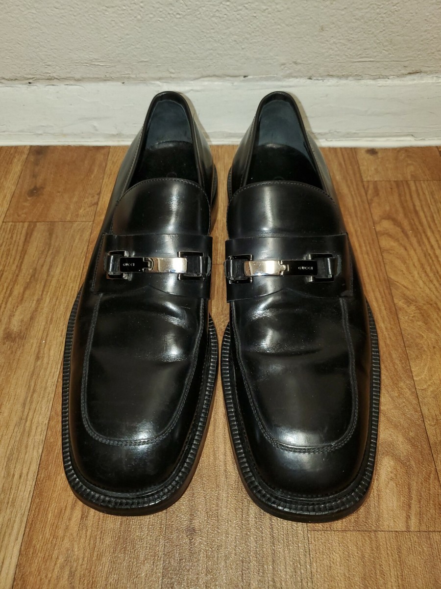 VINTAGE GUCCI MENS BLACK LEATHER slip-on W/ SILVER HORSEBIT  display picture 3