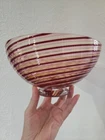 8" footed bowl, VTG Art Glass Murano Spiral swirl red, amber & pink lines