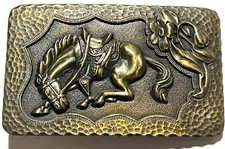 Bucking Bronco Lovely Floral One of Kind c.1970s Western Belt Buckle Vtg