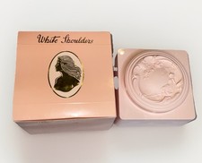 Vtg White Shoulders Bath Powder 8oz Full Container Puff Sculpted Lid Square Jar
