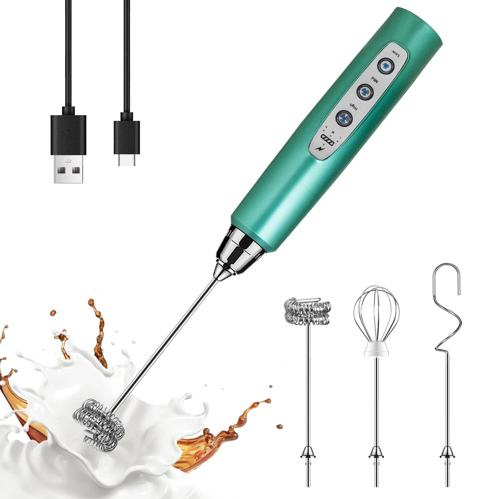 Green Handheld Milk Frother Wand for Coffee, Rechargeable Electric Whisk with...