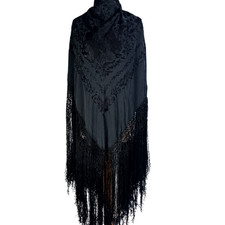 Antique Hand-Embroidered Silk Piano Shawl Wrap Floral Fringe 51" Vintage Luxury